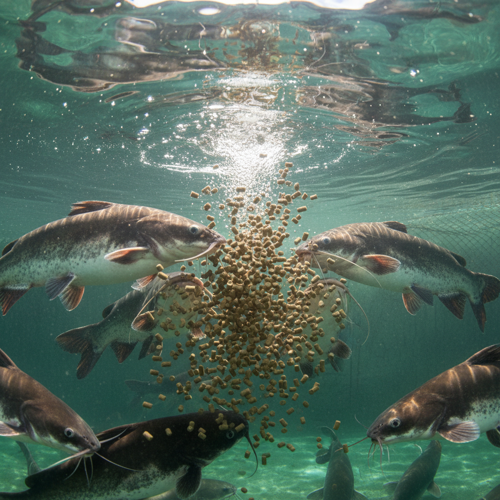 Fish feed pellets showing aquaculture nutrition for commercial fish farming