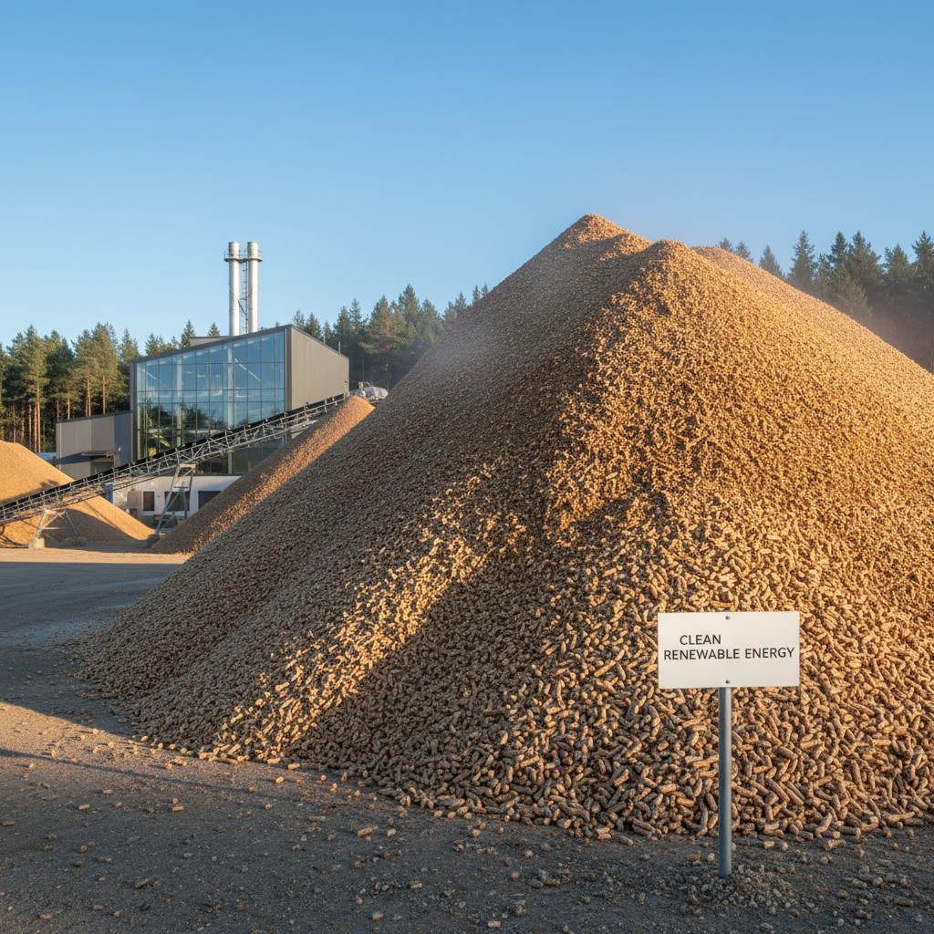 Wood pellets pile showing renewable energy source
