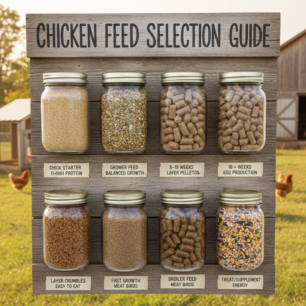 Chicken feed selection guide showing different feed types